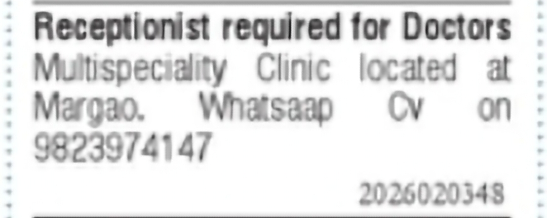 Receptionist Required – Multispeciality Clinic, Margao
