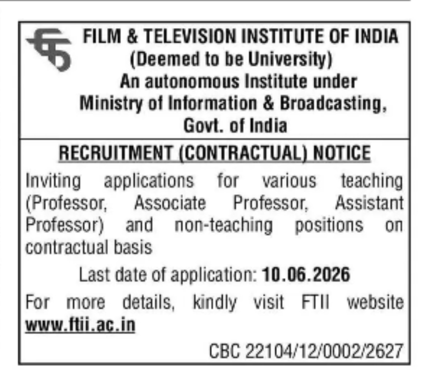 RECRUITMENT NOTICE – FILM & TELEVISION INSTITUTE OF INDIA (FTII)
