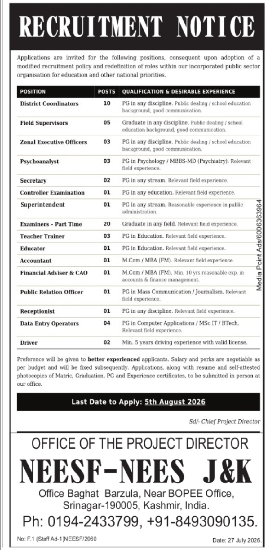 Recruitment Notice – Multiple Positions | NEESP-NEES J&K