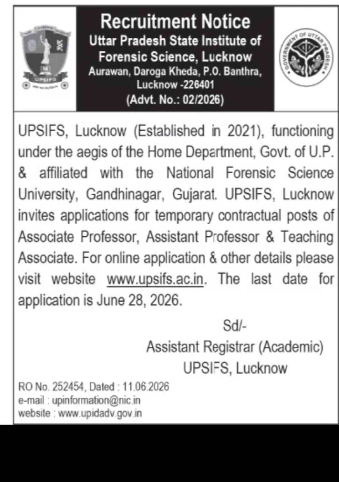 Recruitment Notice – UPSIFS, Lucknow