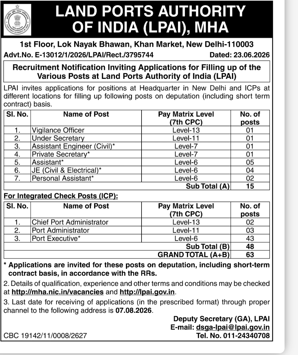 Recruitment Notification for Various Posts at Land Ports Authority of India (LPAI)