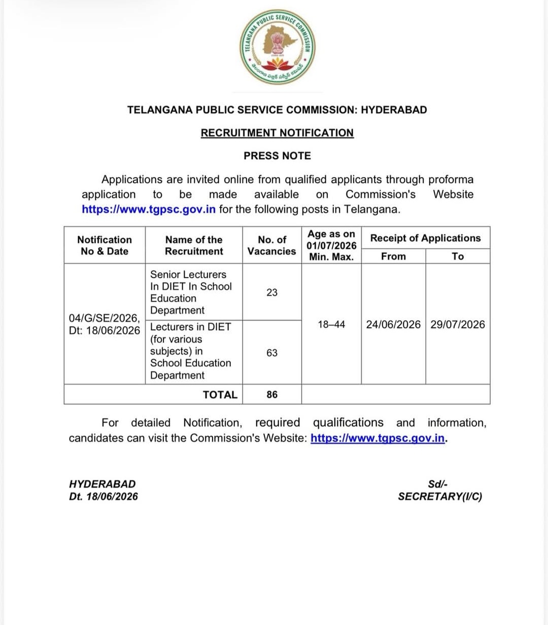 Recruitment Notification – Senior Lecturers & DIET Lecturers (School Education Department)