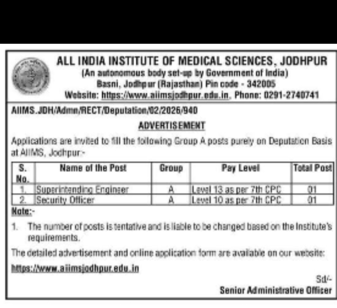 Recruitment of Group A Posts (Superintending Engineer and Security Officer) on Deputation Basis at AIIMS Jodhpur