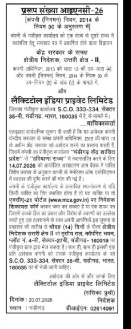 Registered Office Transfer Notice – Lactitol India Private Limited