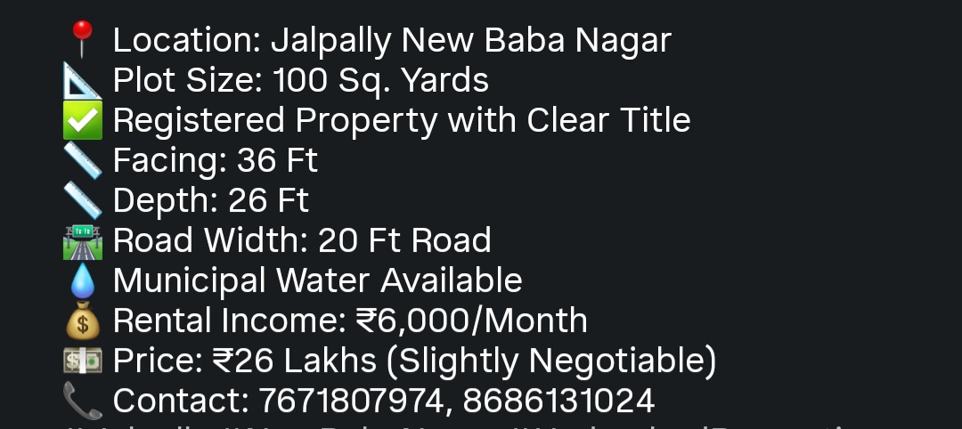 Registered Property for Sale – Jalpally New Baba Nagar