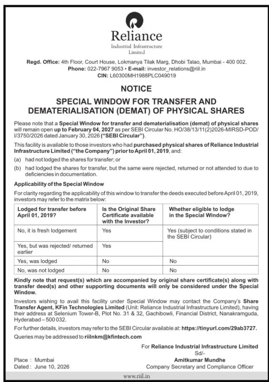 Reliance Industrial Infrastructure Opens Special Window for Transfer and Dematerialisation of Physical Shares Until February 2027