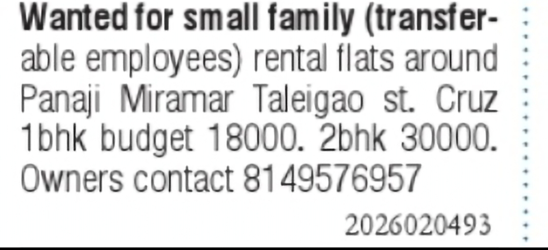 Rental Flats Wanted – Panaji & Nearby