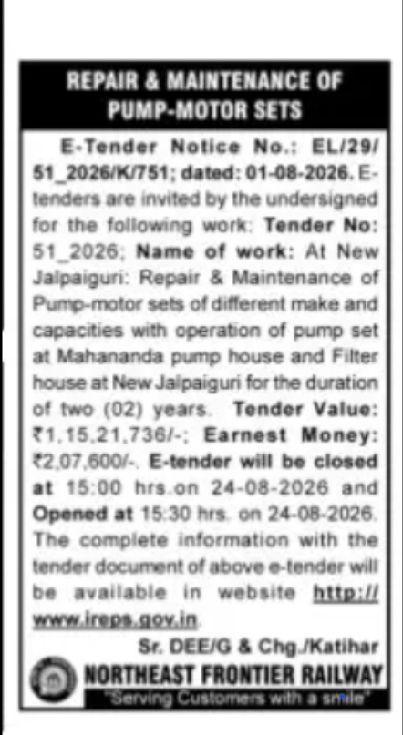 Repair & Maintenance of Pump-Motor Sets – New Jalpaiguri