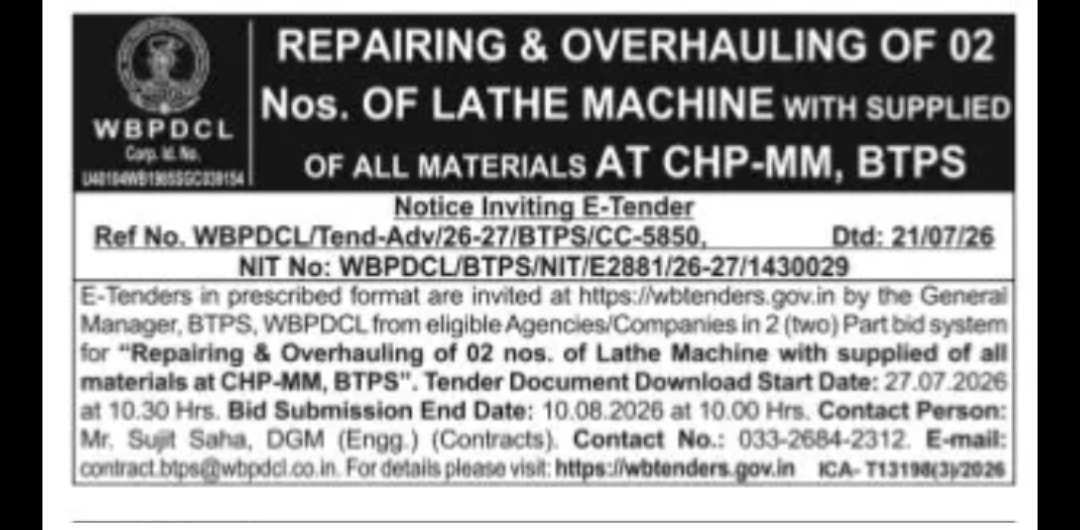 Repairing and Overhauling of Lathe Machines – BTPS, WBPDCL