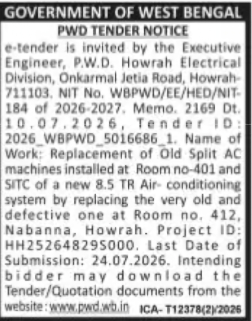 Replacement of AC System at Nabanna, Howrah