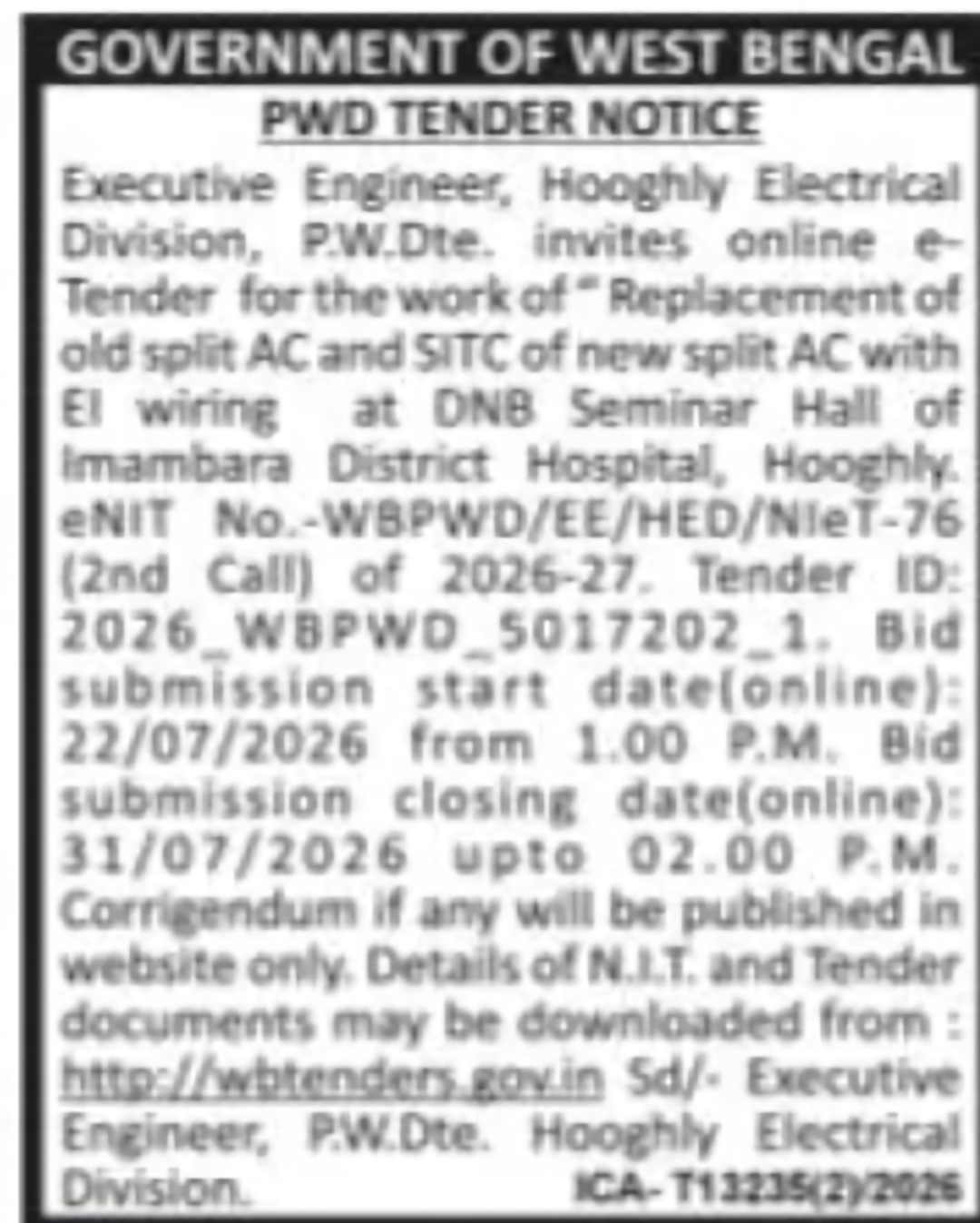 Replacement of Split AC Tender – Imambara District Hospital