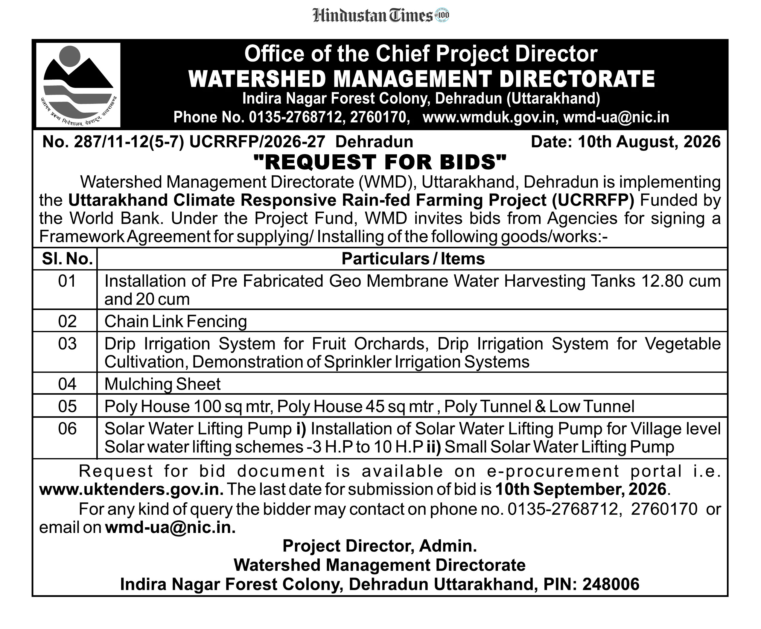 REQUEST FOR BIDS – WMD Uttarakhand | Framework Agreement for Supply & Installation
