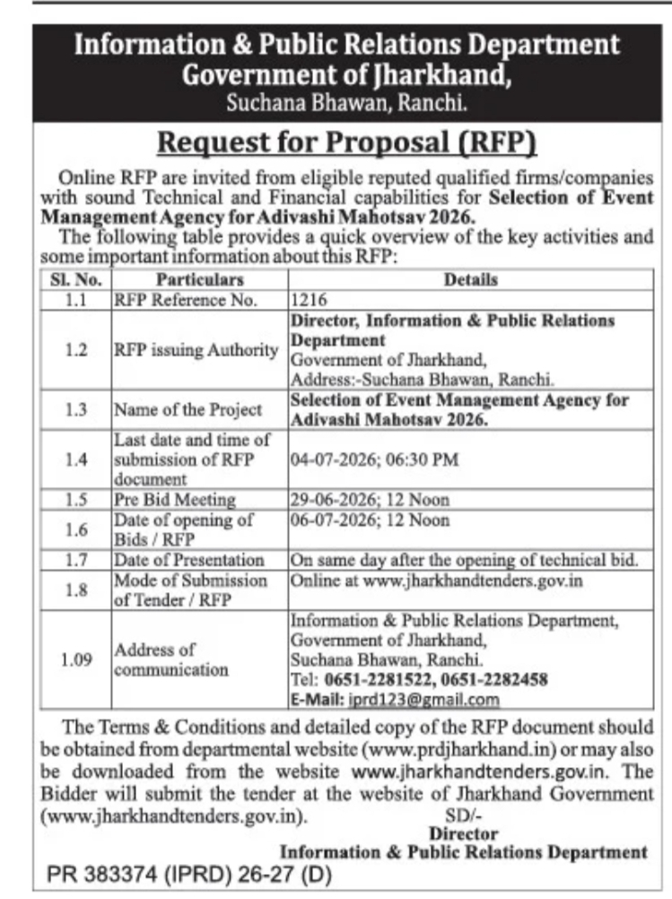 Request for Proposal (RFP) for Selection of Event Management Agency for Adivasi Mahotsav 2026, Government of Jharkhand