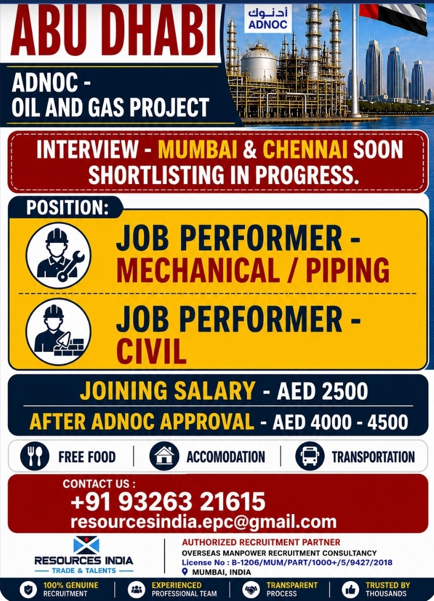 Required Job Performers - Abu Dhabi - Adnoc Project