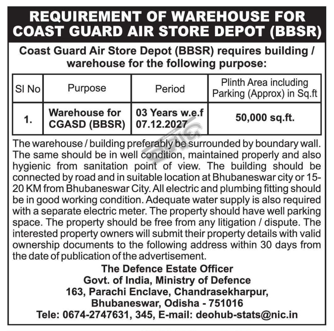 Requirement of Warehouse for Coast Guard Air Store Depot (Bhubaneswar)