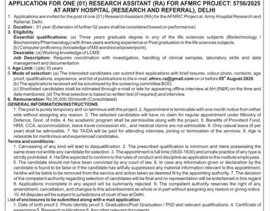 Research Assistant Vacancy – Army Hospital (Research & Referral), Delhi
