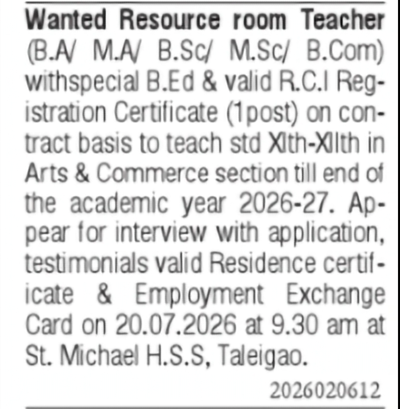 Resource Room Teacher Required – St. Michael H.S.S, Taleigao