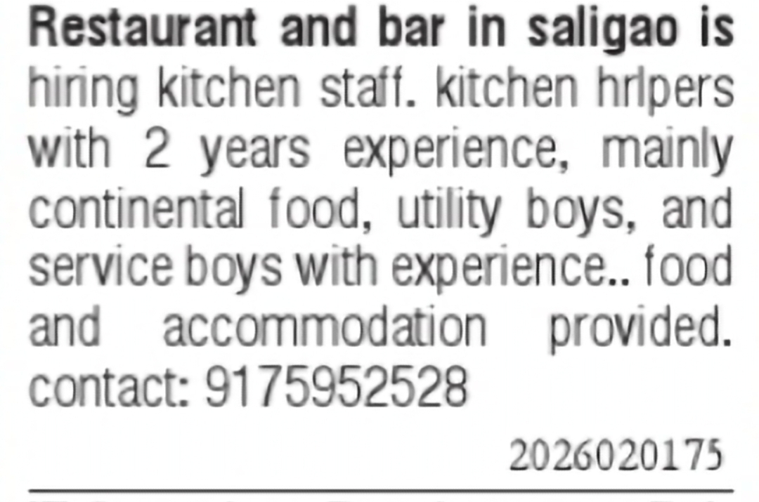 Restaurant & Bar Staff Hiring in Saligao