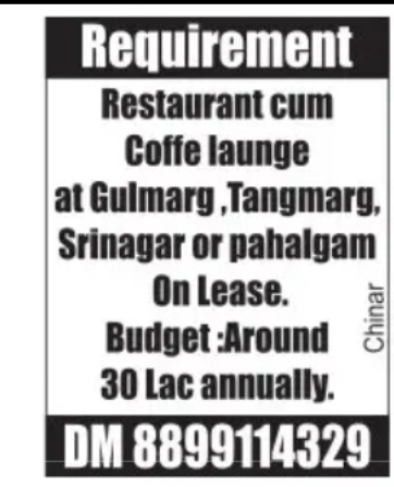 Restaurant cum Coffee Lounge on Lease
