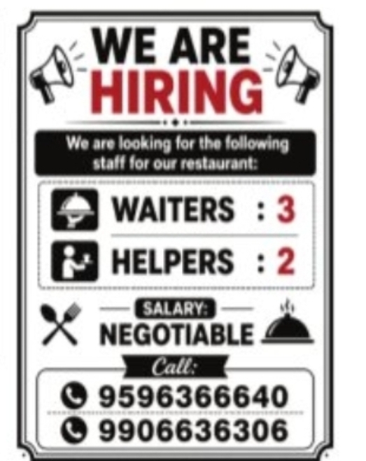 Restaurant Staff Hiring – Waiters & Helpers