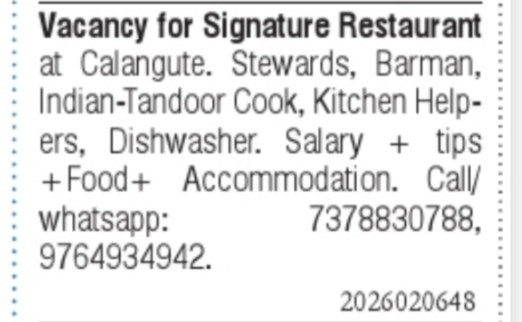 Restaurant Staff Required – Calangute, Goa