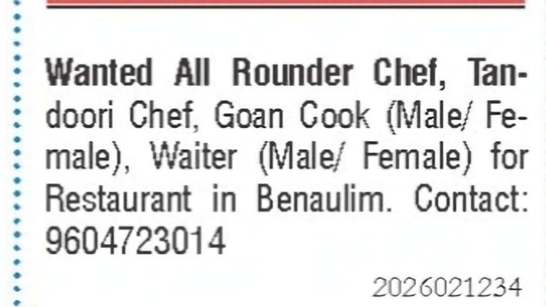 Restaurant Staff Required in Benaulim