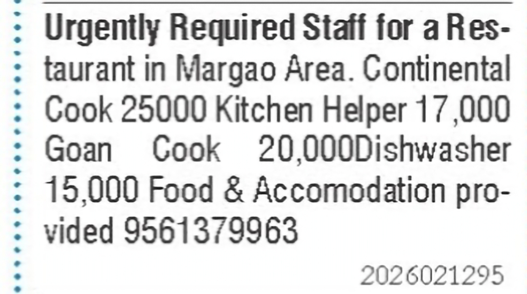 Restaurant Staff Required in Margao