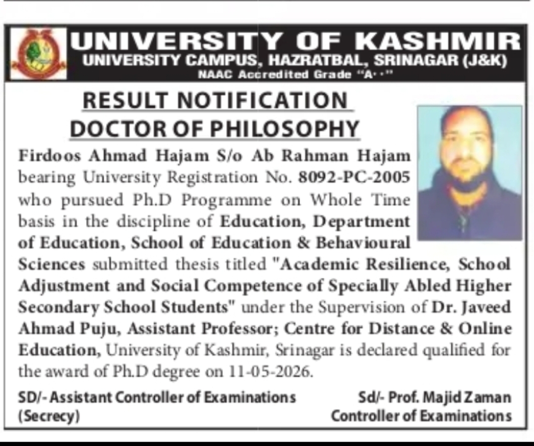 RESULT NOTIFICATION – Ph.D AWARD