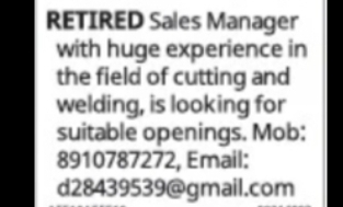 Retired Sales Manager – Technical Industry Experience