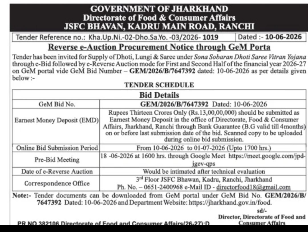 Reverse e-Auction Tender Notice – Supply of Dhoti, Lungi & Saree under Sona Sobaran Scheme (Jharkhand)