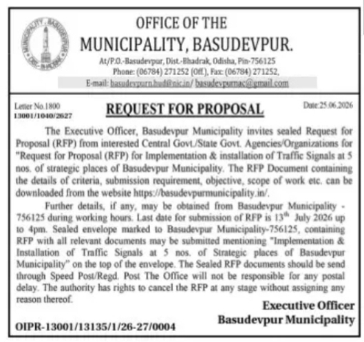 RFP for Installation of Traffic Signals – Basudevpur Municipality
