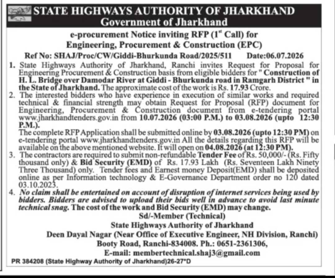 RFP Invited for Construction of HL Bridge on Giddi–Bhurkunda Road, Jharkhand