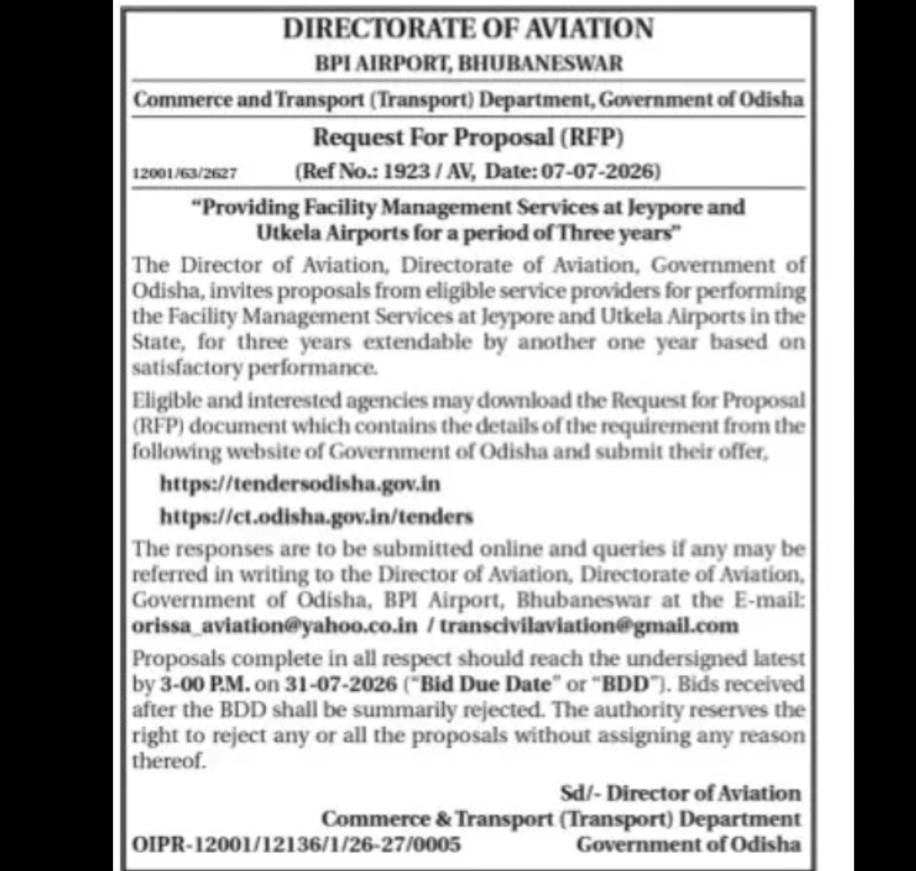 RFP Invited for Facility Management Services at Jeypore and Utkela Airports, Odisha