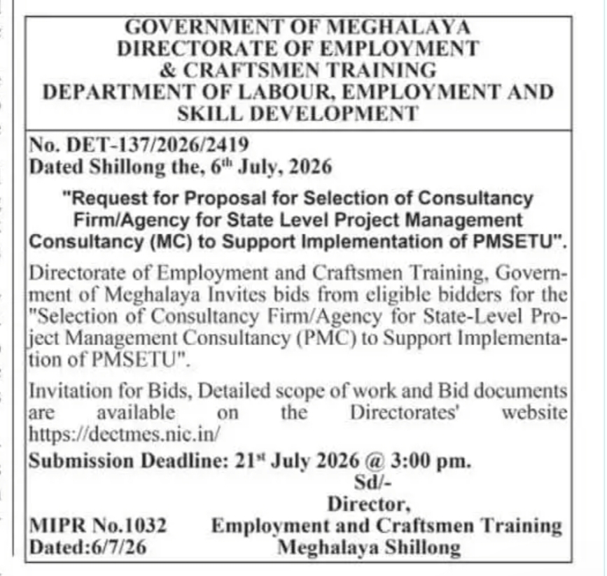 RFP Invited for State-Level Project Management Consultancy (PMC) for PMSETU – Meghalaya