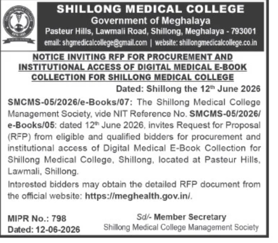 RFP Notice – Procurement & Institutional Access of Digital Medical E-Book Collection, Shillong Medical College