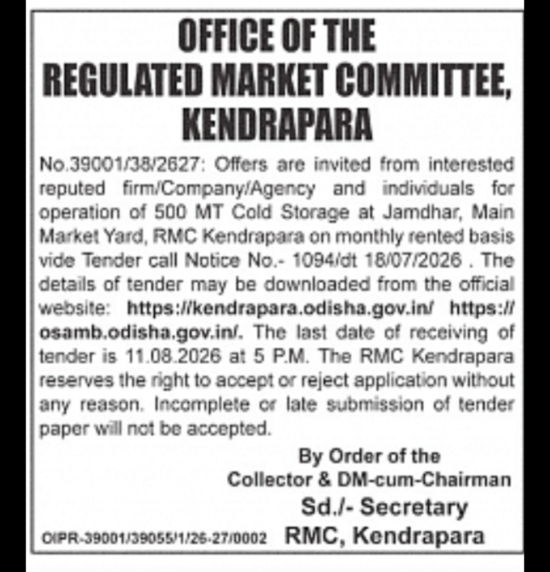 RMC Kendrapara Invites Tender for Operation of 500 MT Cold Storage