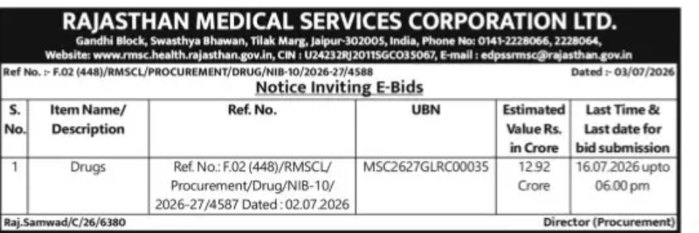 RMSCL Invites E-Bids for Drug Procurement Worth ₹12.92 Crore