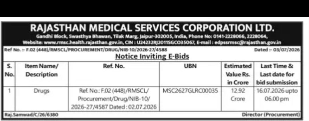 RMSCL Invites E-Bids for Procurement of Drugs Worth ₹12.92 Crore