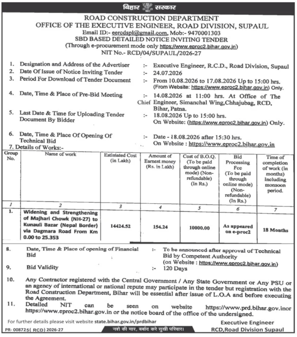Road Construction Tender – Supaul, Bihar | Widening & Strengthening of Majhari Chowk to Kunauli Bazar Road