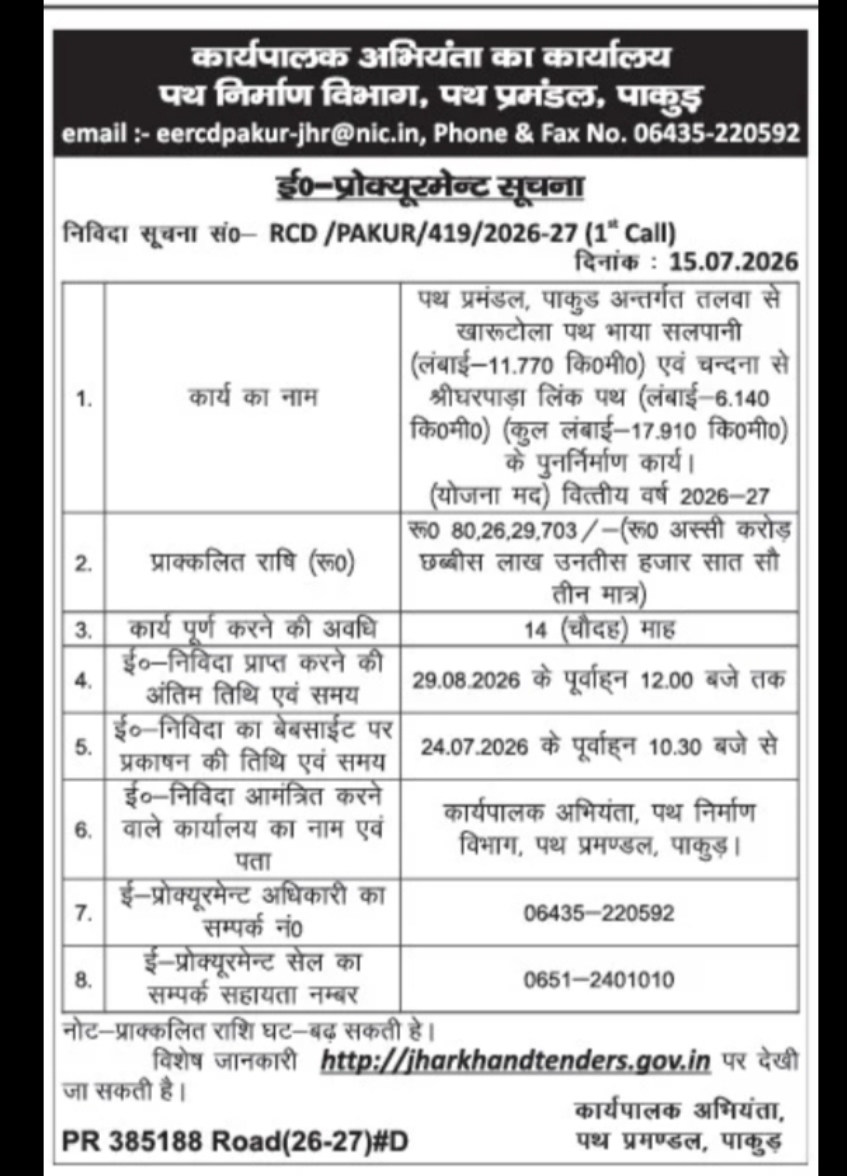 Road Reconstruction Tender – Pakur, Jharkhand
