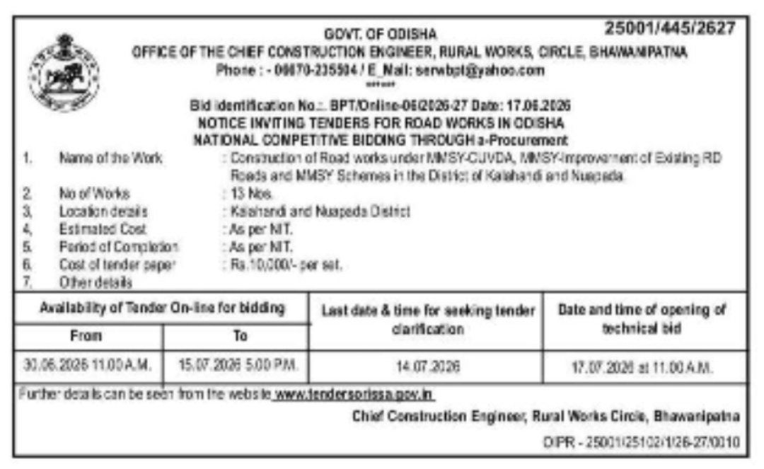 Road Works Tender under Rural Works Circle Bhawanipatna