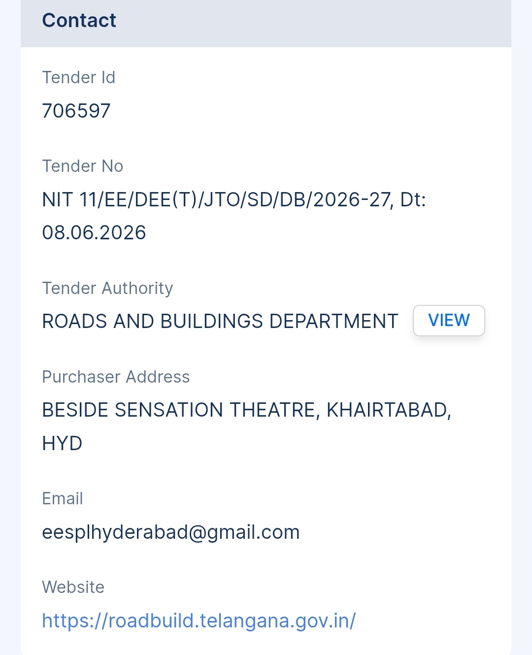 Roads And Buildings Department Tender - Telangana Tender