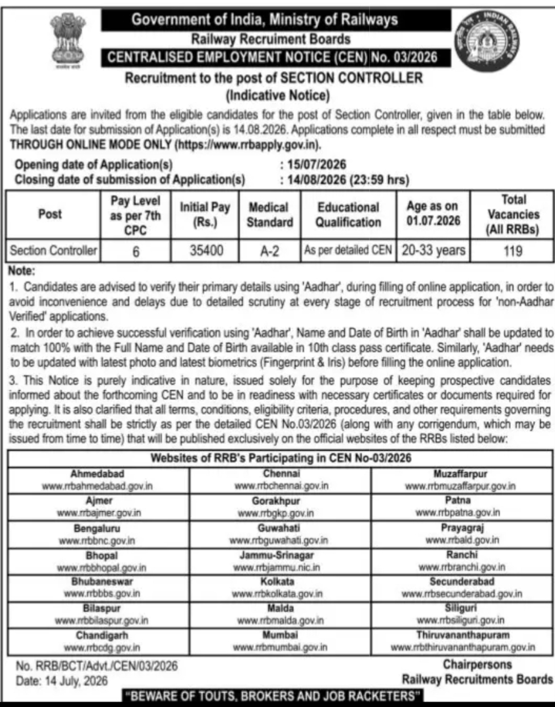 RRB Recruitment 2026 – Section Controller (119 Vacancies)
