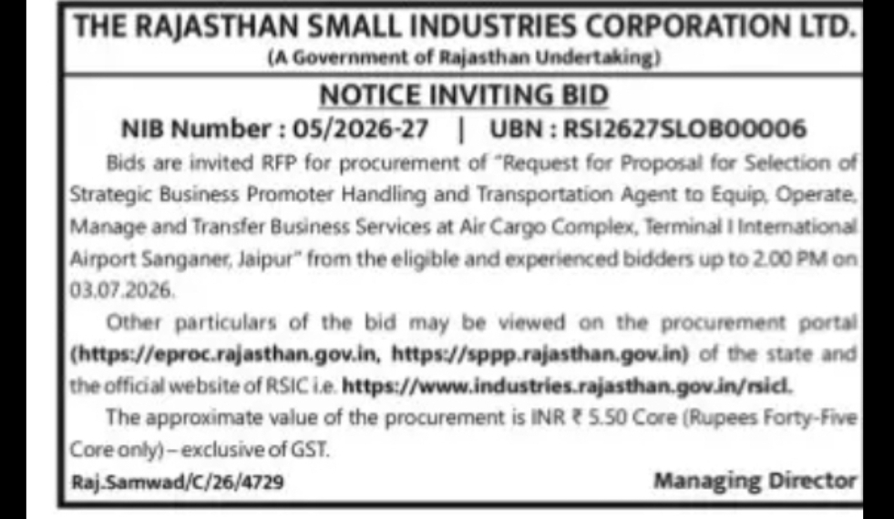 RSIC Rajasthan – Air Cargo Complex, Jaipur (NIB: 05/2026-27)