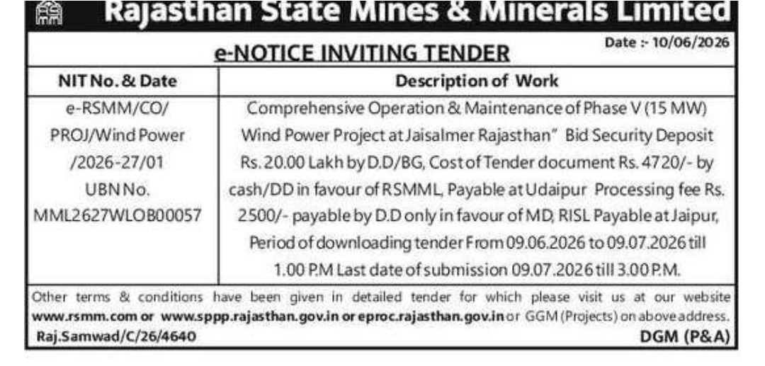 RSMML Invites Tender for O&M of 15 MW Wind Power Project at Jaisalmer