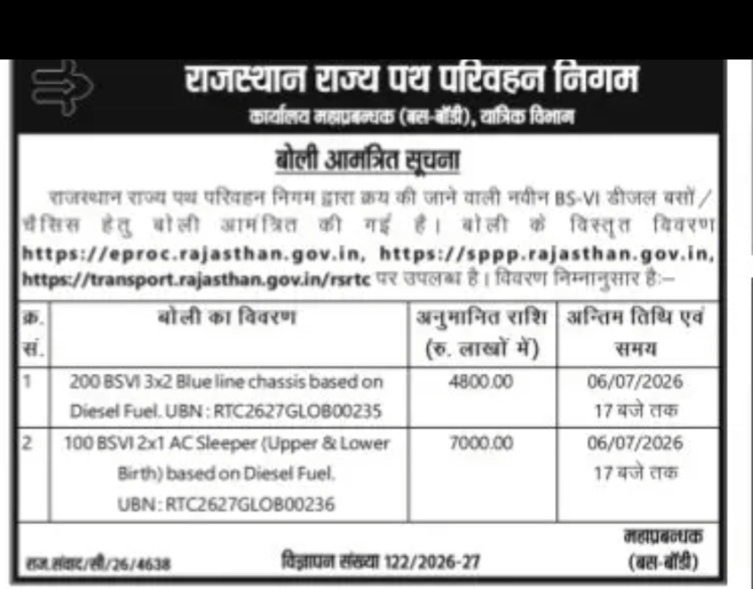 RSRTC Tender Notice (Rajasthan State Road Transport Corporation)