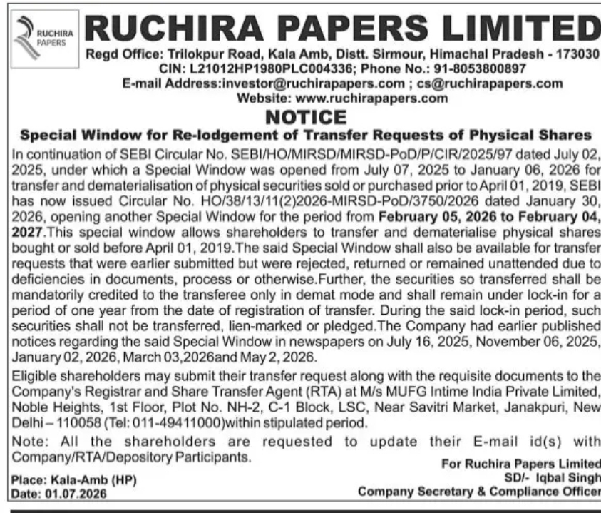 Ruchira Papers Limited – Special Window for Re-lodgement of Physical Share Transfer Requests