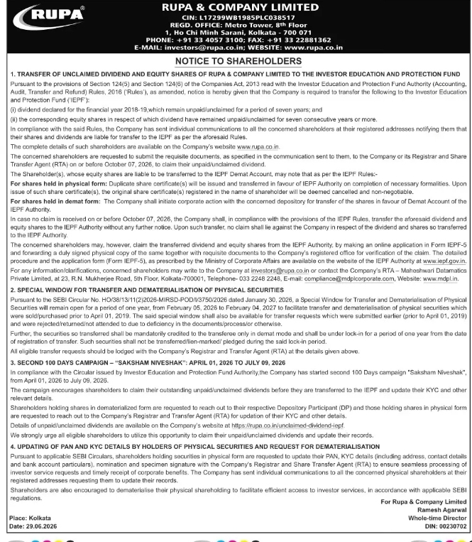 Rupa & Company Limited – Notice to Shareholders on IEPF Transfer, Physical Share Dematerialisation & KYC Update