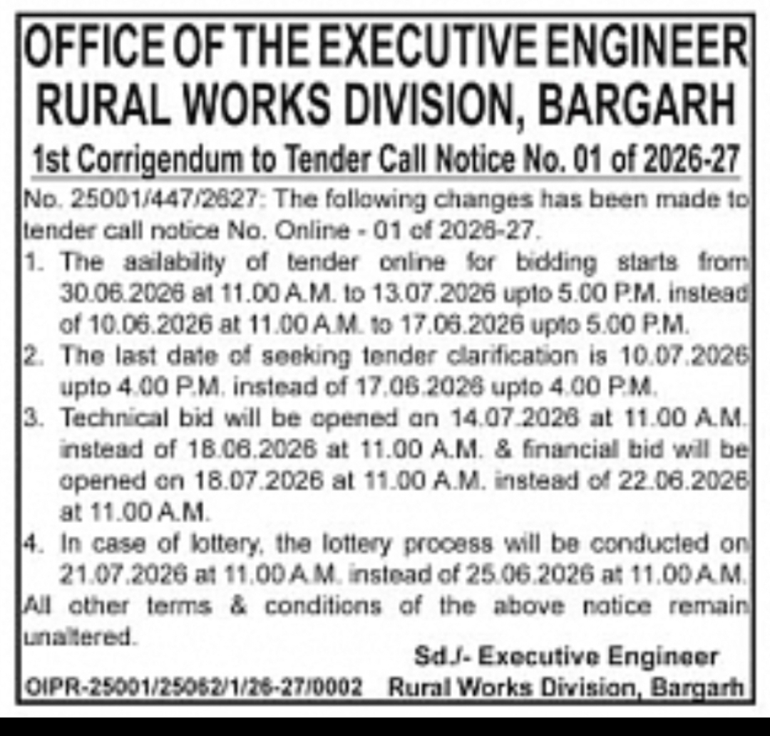 Rural Works Division Bargarh Issues Corrigendum Extending Tender Schedule