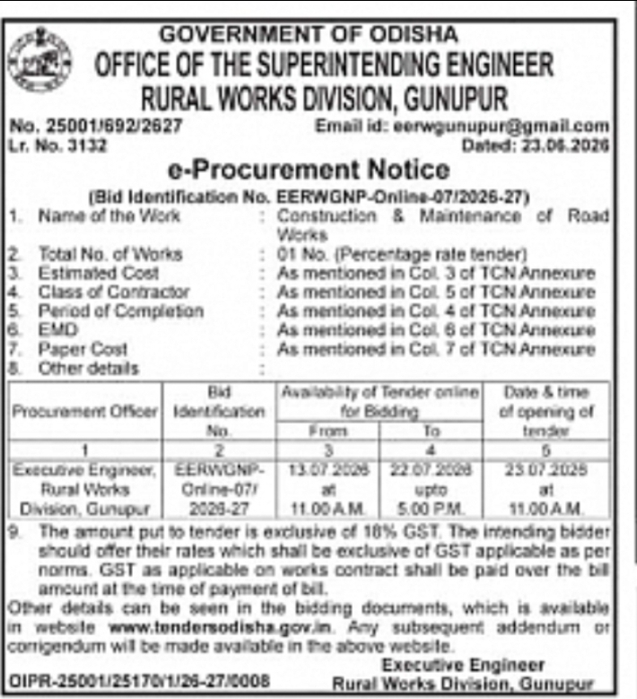 Rural Works Division Gunupur Invites e-Tenders for Road Works